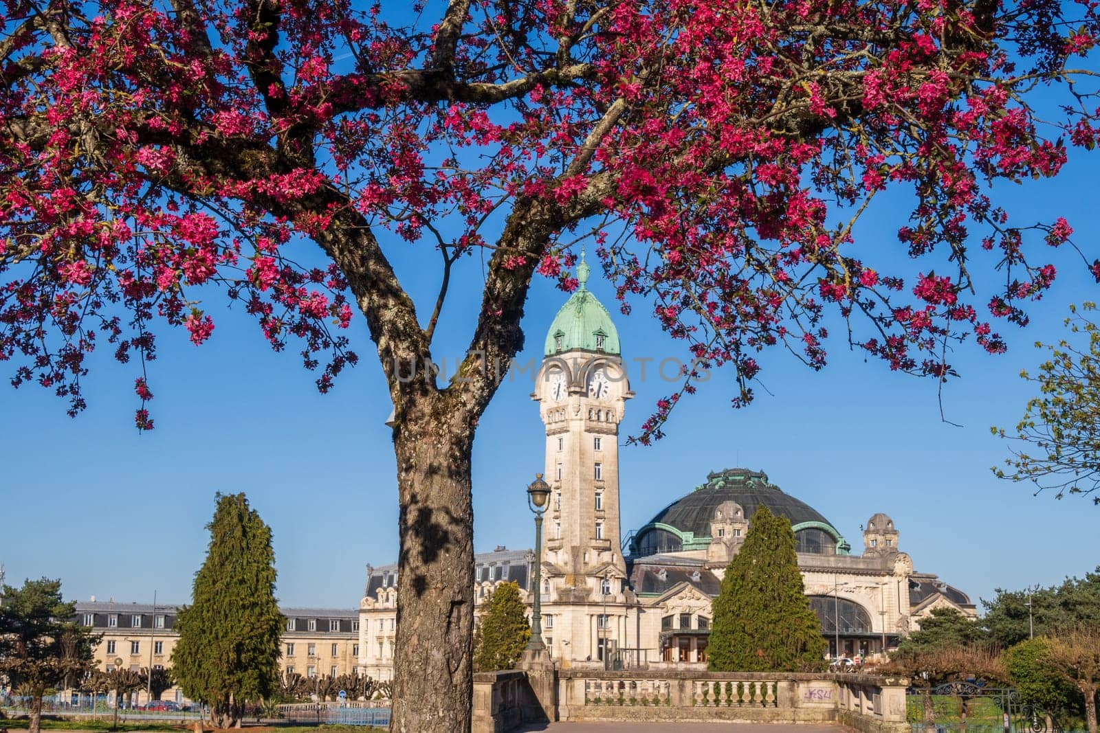 Limoges, France - April 04 2023: View of the famous Limoges train station called Limoges-Bénédictins and flowering tree