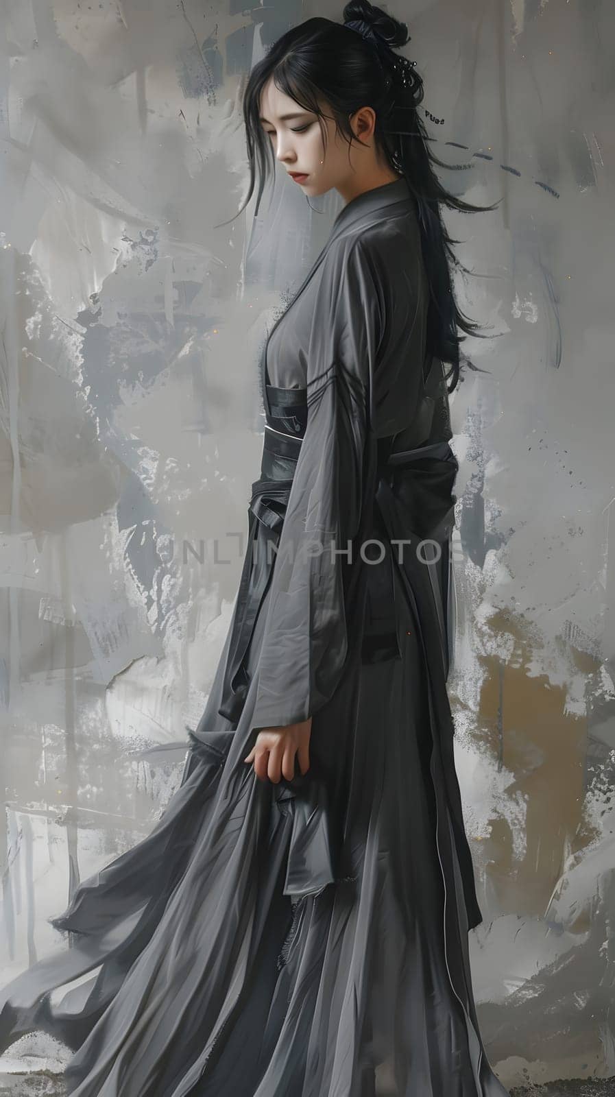 Asian woman in grey dress