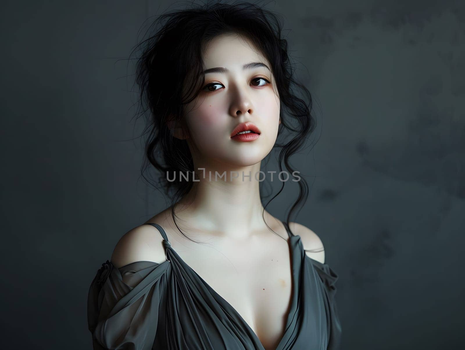 Asian woman in grey dress