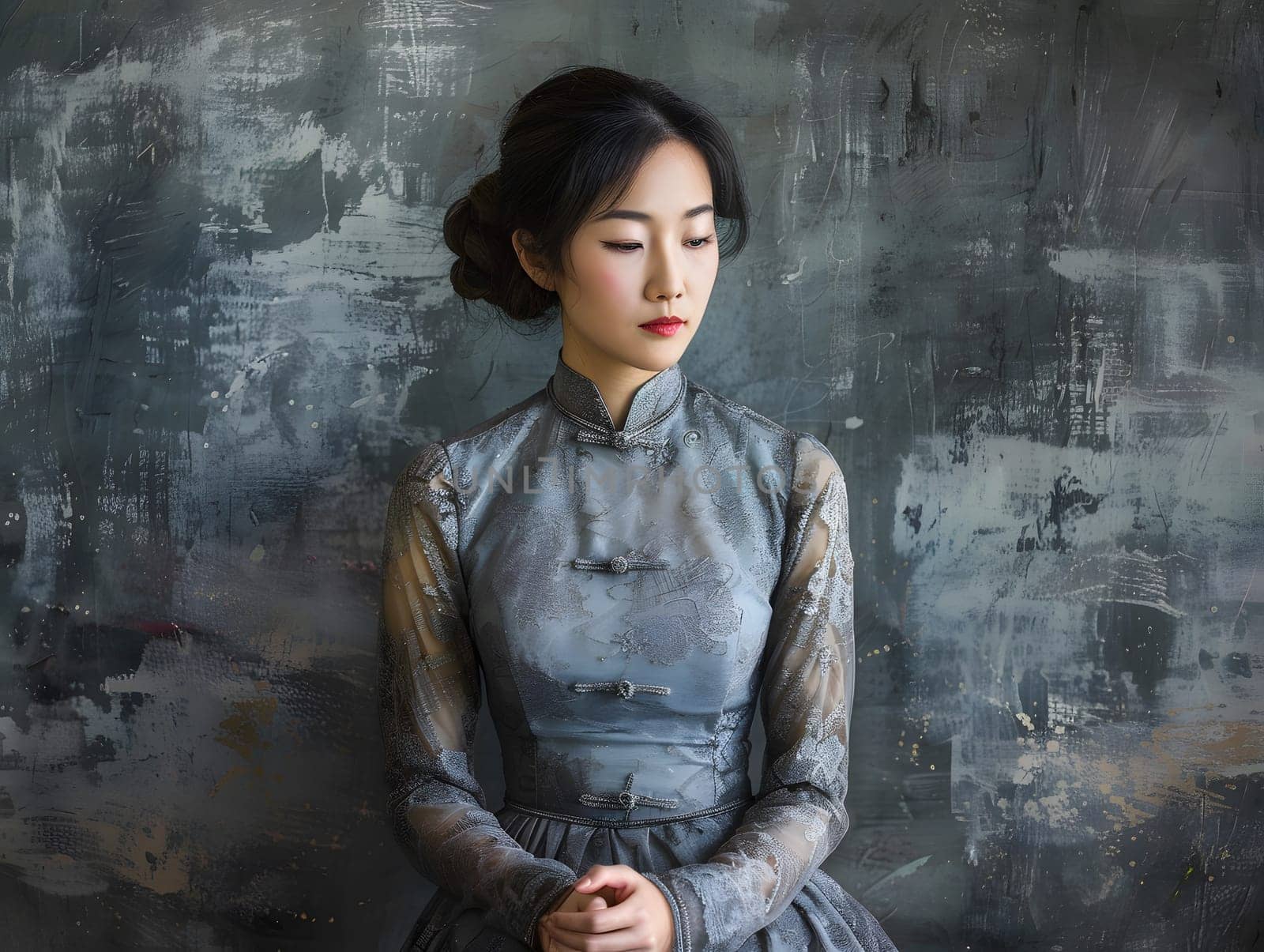 Asian woman in grey dress