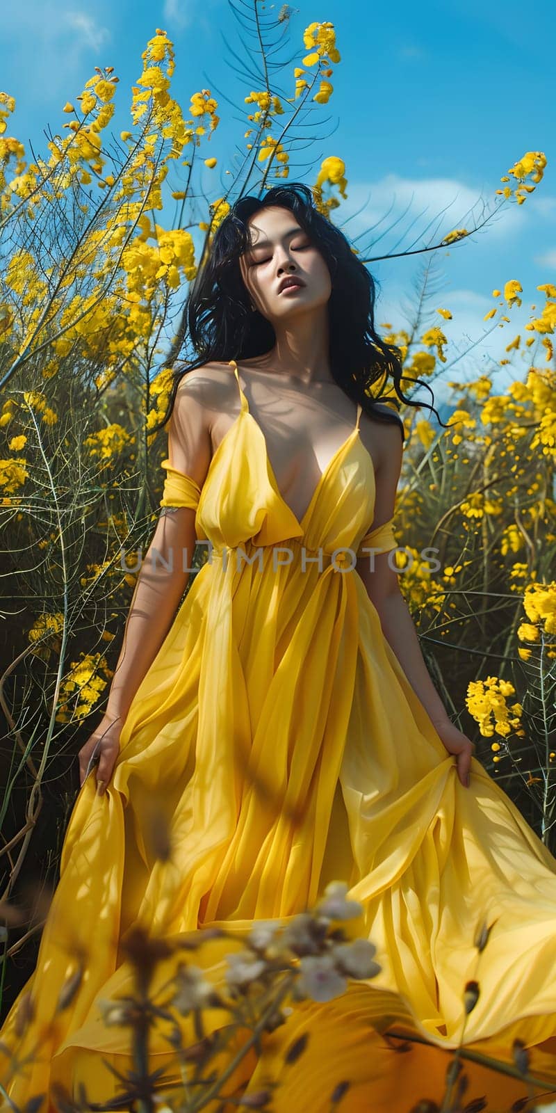 Asian woman in yellow maxi dress