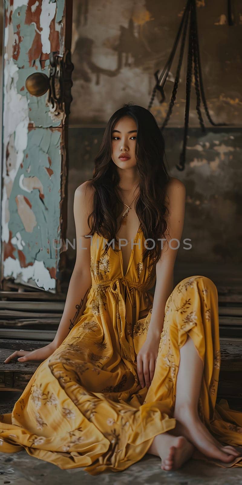 Asian woman in yellow maxi dress