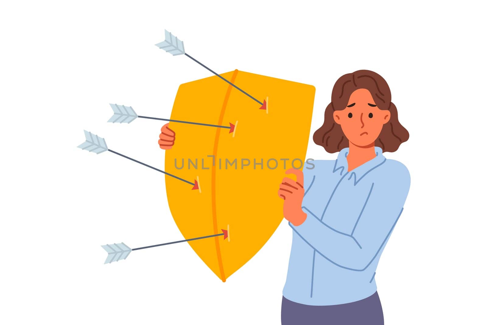 Upset woman defends from arrows of enemies, covering with shield to avoid injury. Girl defends and demonstrates defense mechanism that allows to escape from risk to life of elemental disorder