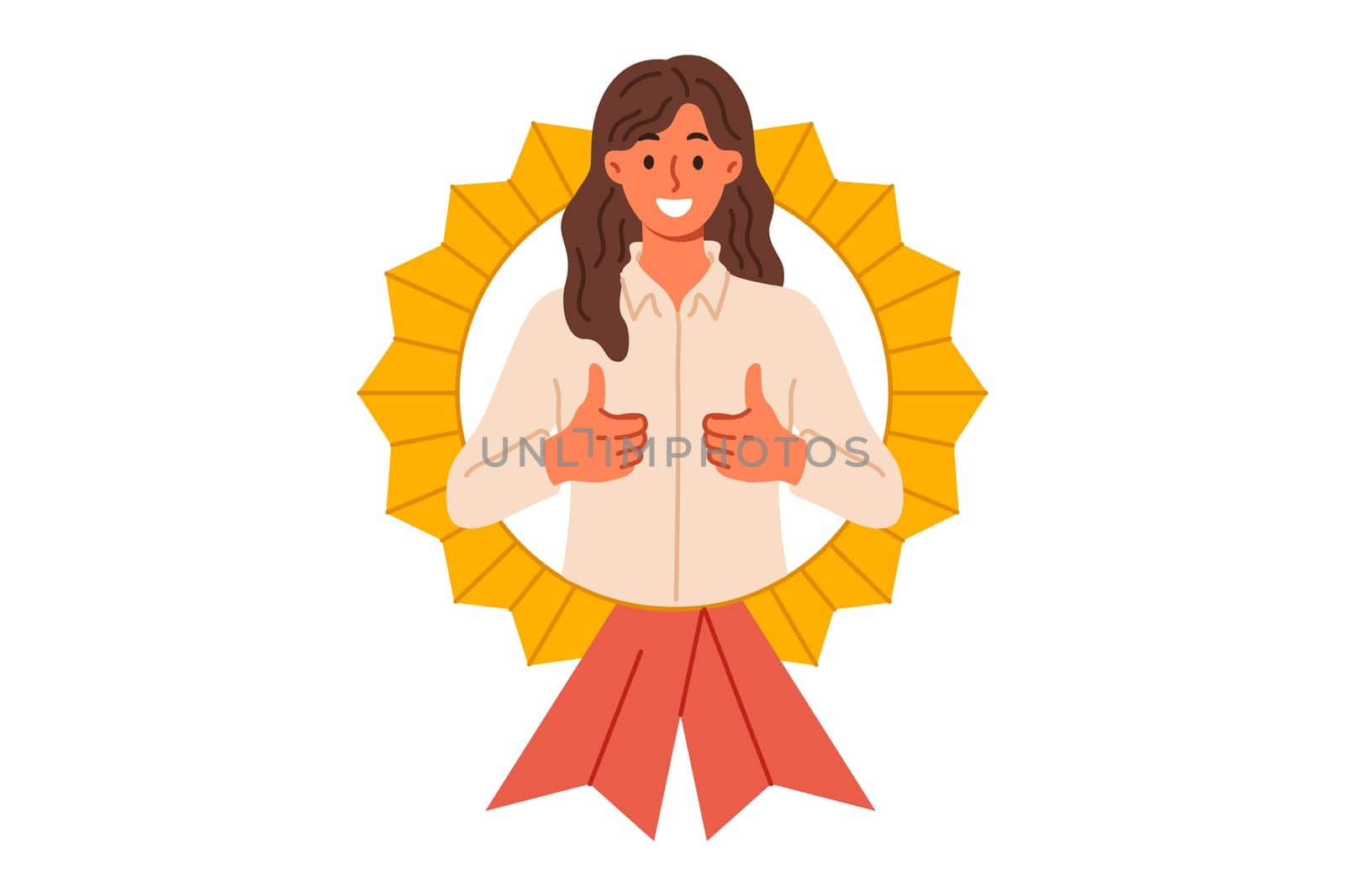 Best employee of month woman shows thumbs up while looking out of medal received for professional achievements. Award for best employee from businesswoman motivating good employees of company