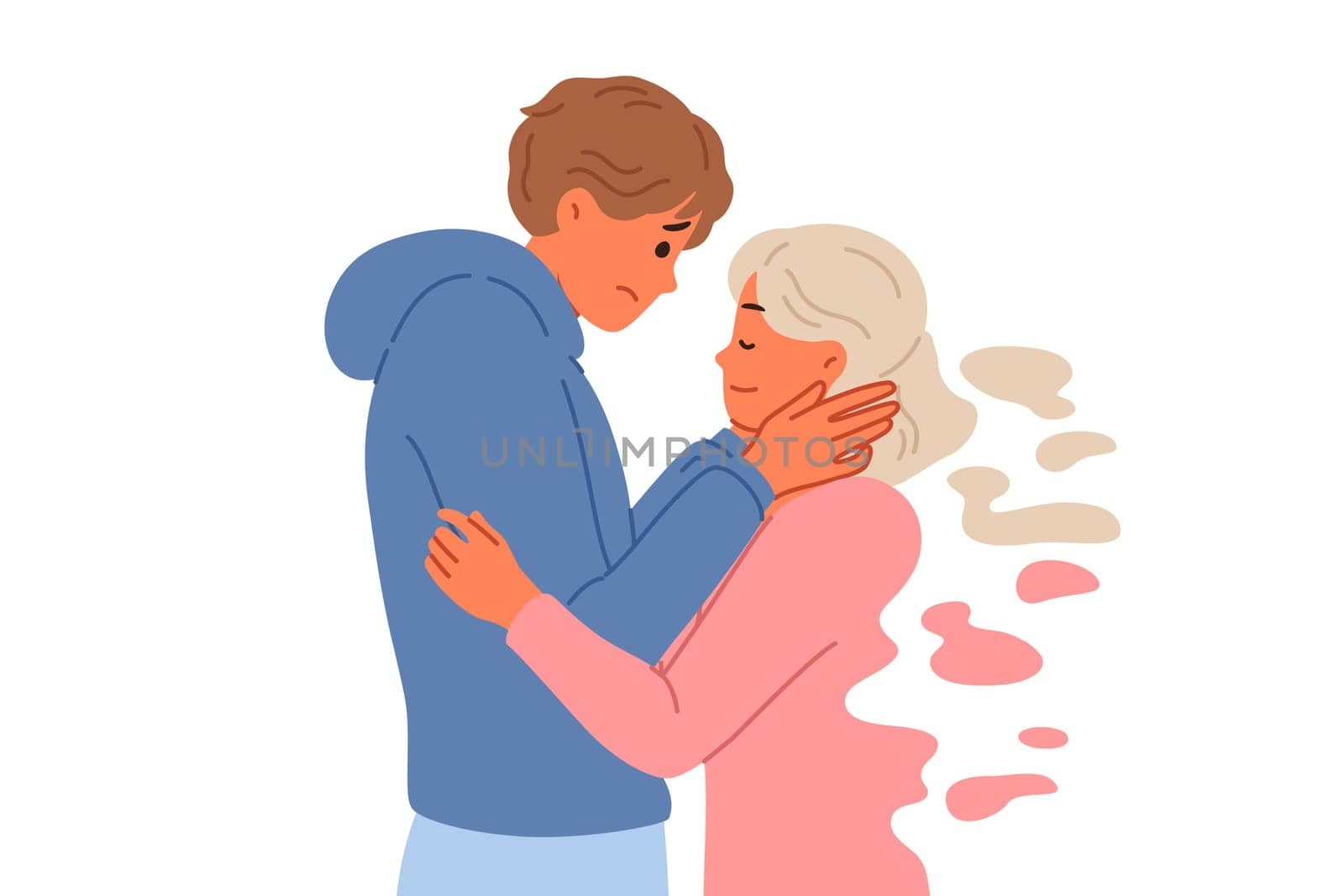 Widower man remembers deceased bride, hugging ghost of girl and refuses to believe in end of relationship. Widower suffers from loss of beloved and needs support to avoid depression.