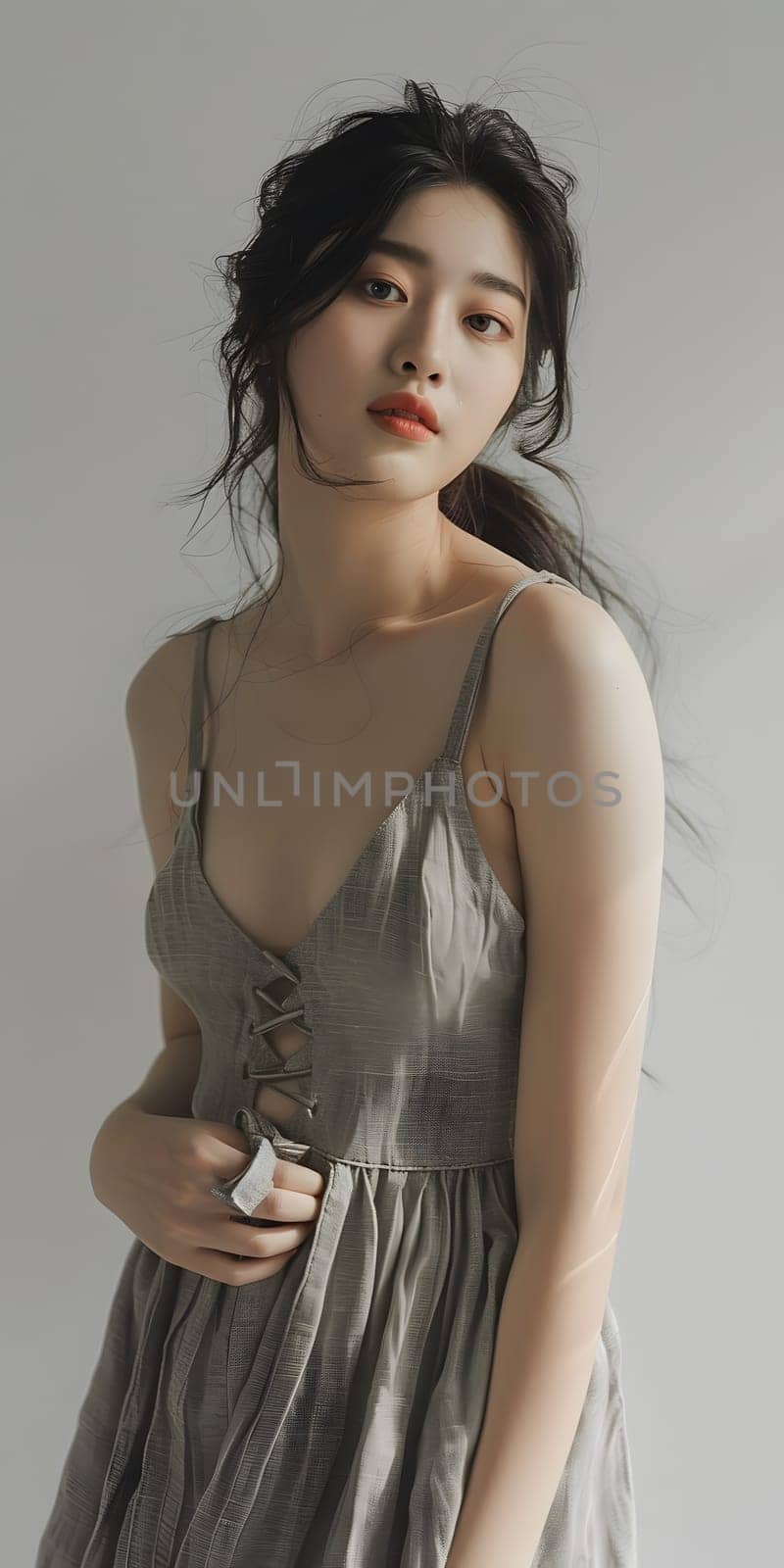 Asian woman wearing a gray sleeveless summer dress