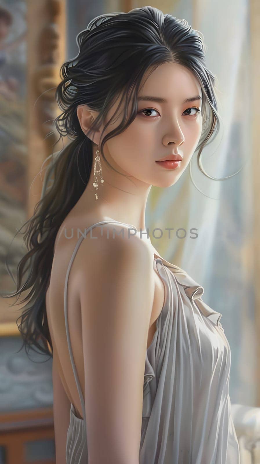 Asian woman wearing a gray sleeveless summer dress