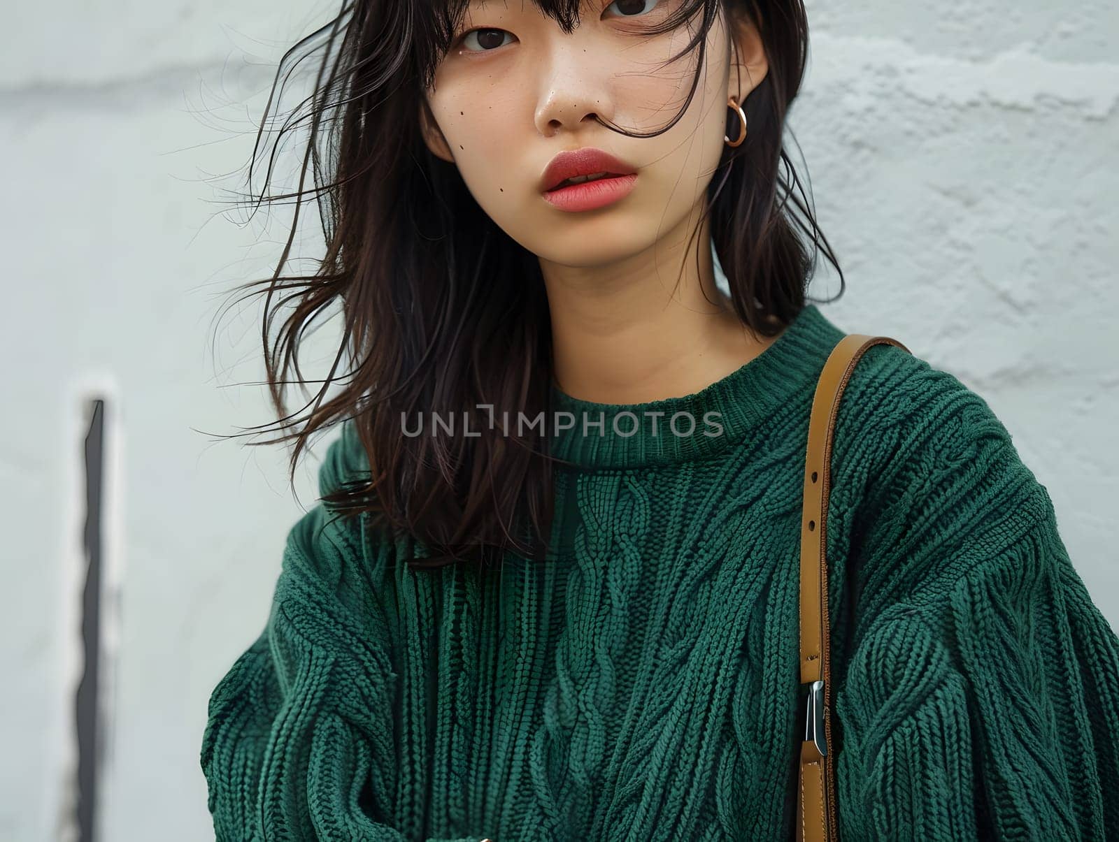 Asian woman wearing green summer knitwear