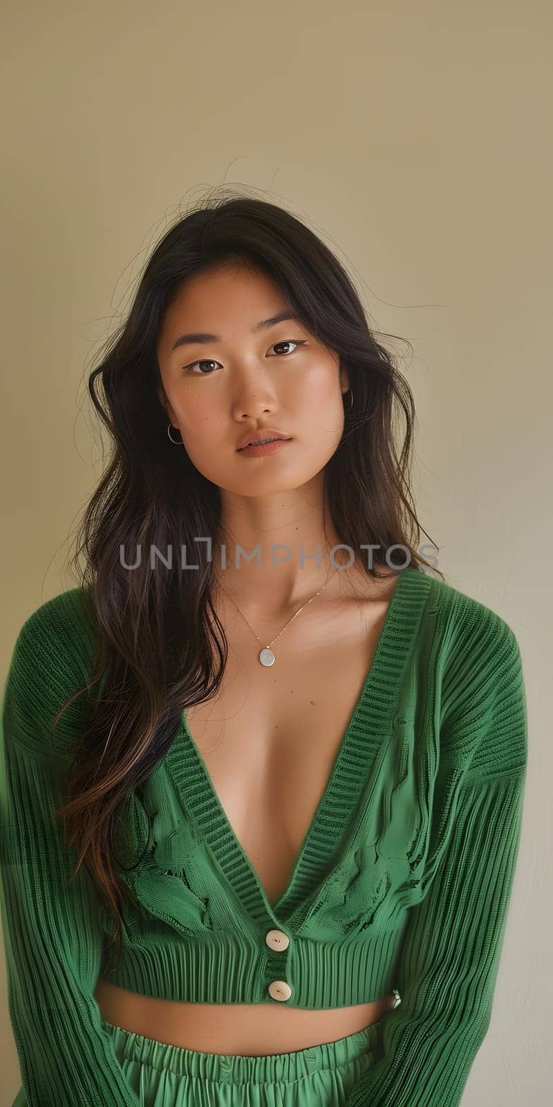 Asian woman wearing green summer knitwear