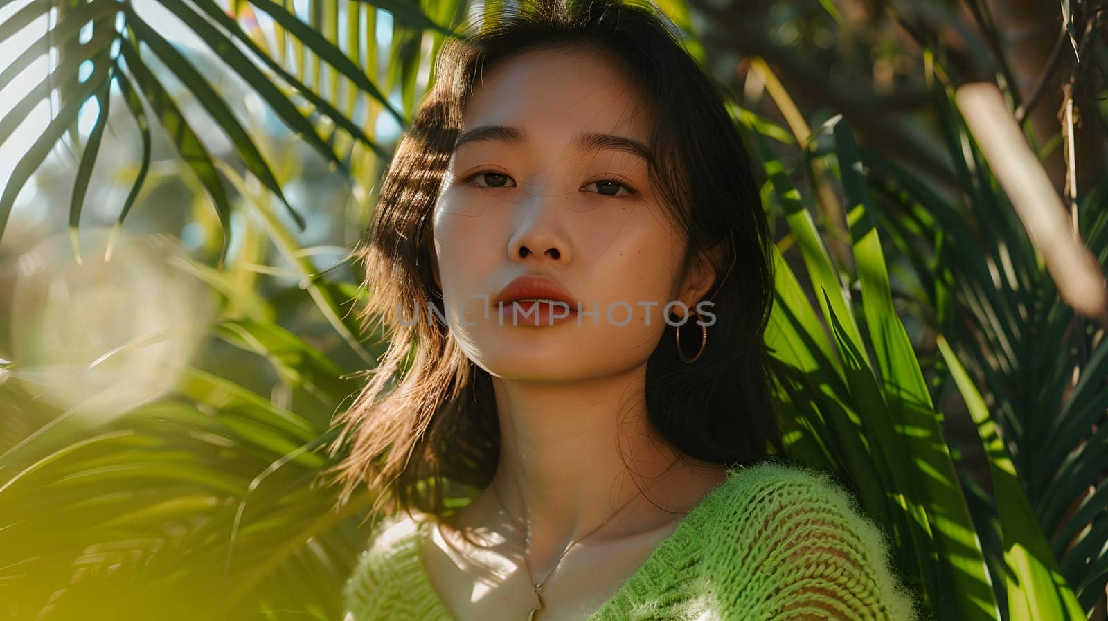 Asian woman wearing green summer knitwear