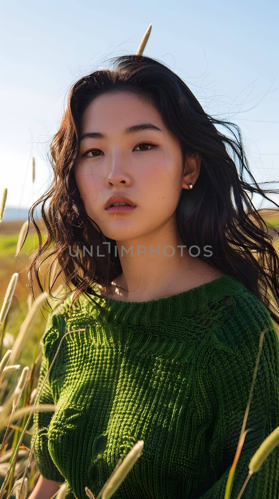 Asian woman wearing green summer knitwear