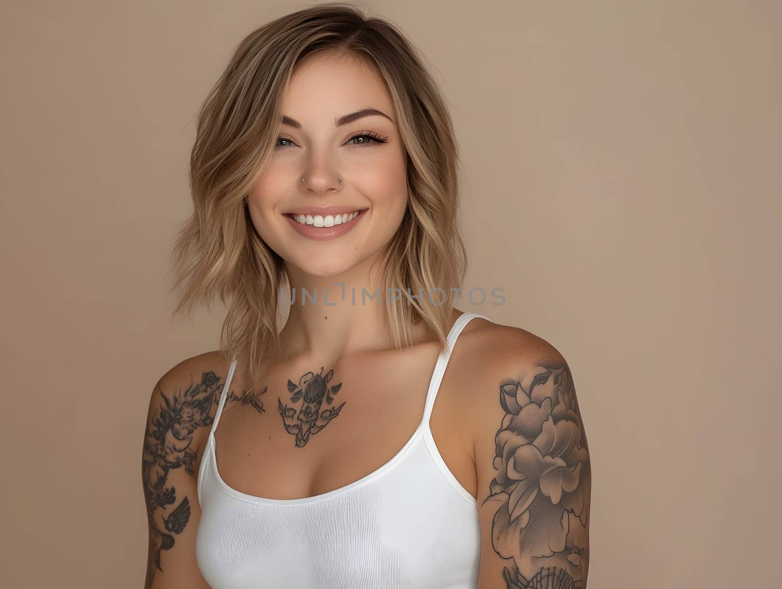 attractive woman with shoulder length blonde hair and tattoos