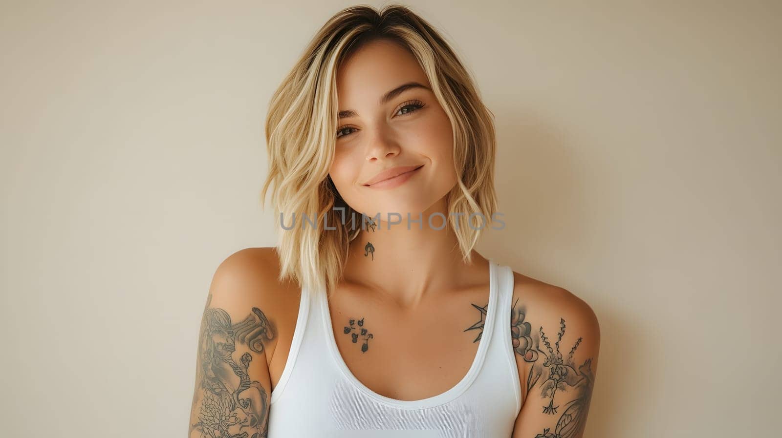 attractive woman with shoulder length blonde hair and tattoos