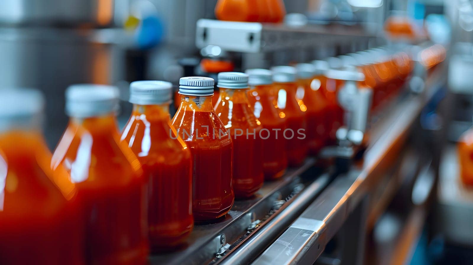 Automated production line with tomato sauce bottles in a food factory
