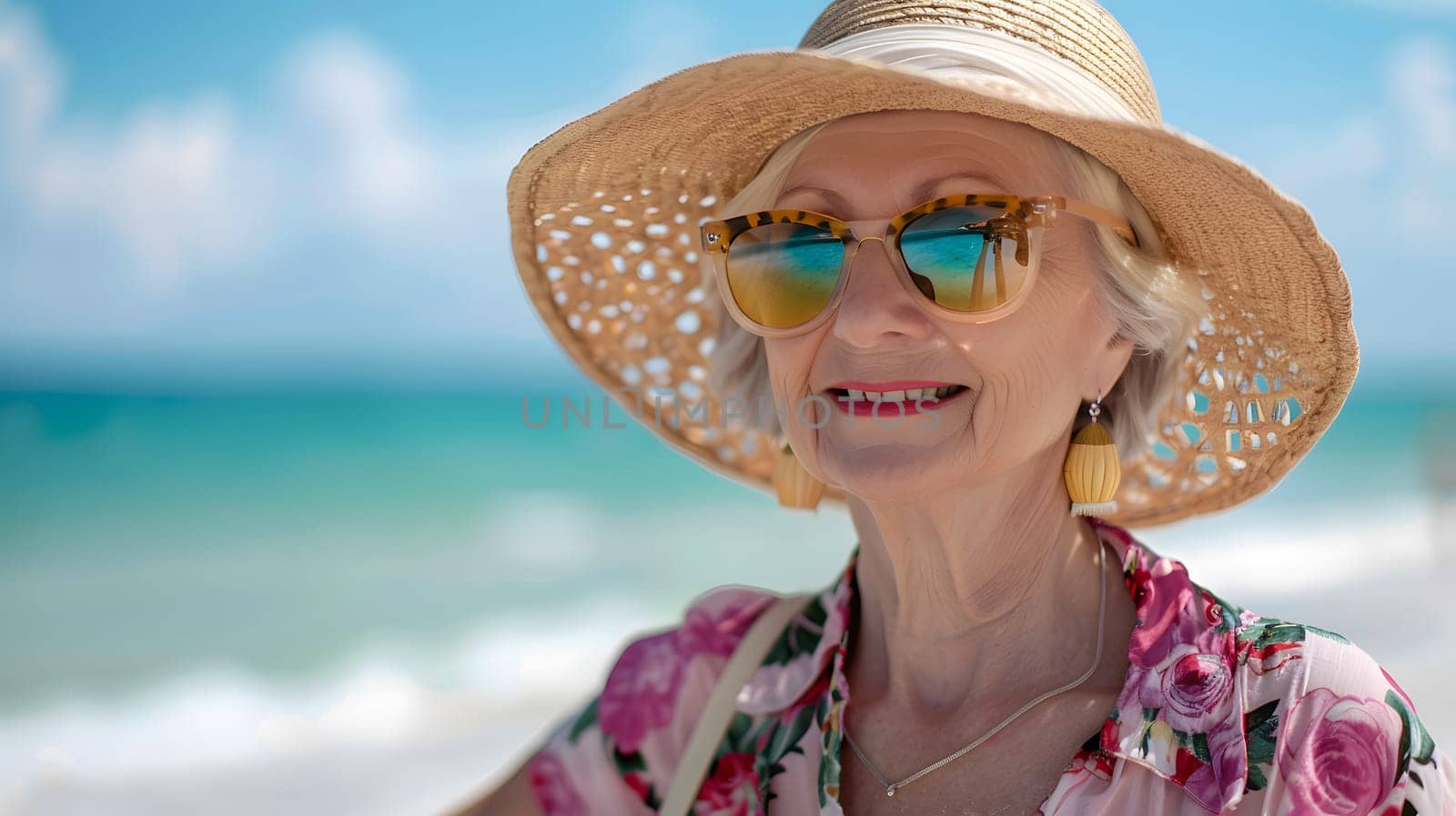 Beach travel and senior woman with smile for vacation