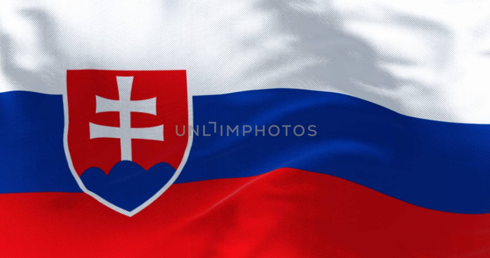 Close-up of Slovakia national flag waving in the wind. White, blue, and red stripes. Coat of arms at the hoist. 3d illustration render. Rippled fabric background