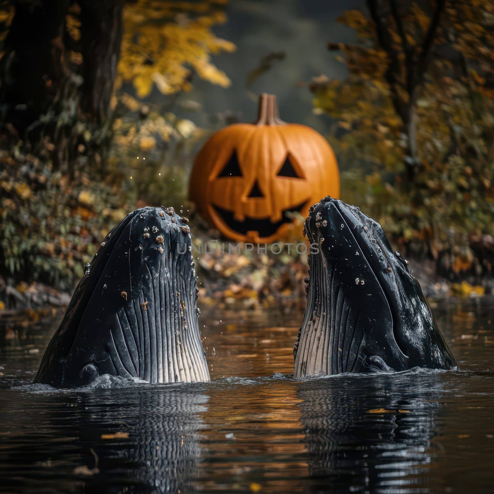 Two majestic whales break the waters surface, creating splashes, as a glowing jack-o-lantern sits nearby amid vibrant fall foliage, blending nature and seasonal festivities beautifully.
