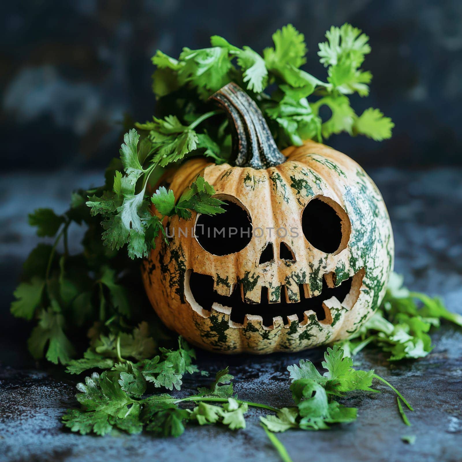 A creatively carved pumpkin features a playful skull design, surrounded by vibrant cilantro leaves, perfect for celebrating the cozy autumn season with a touch of whimsy.