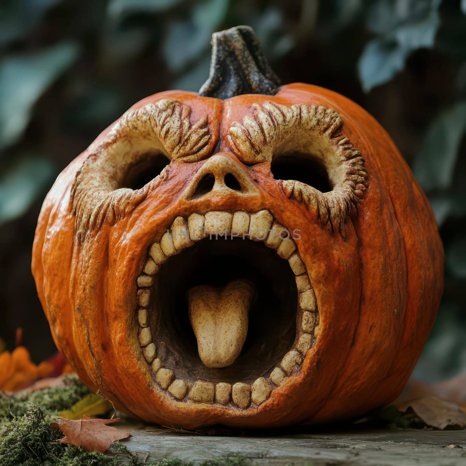 A vividly carved pumpkin displaying an exaggerated scream, complete with intricate facial features. It sits among vibrant fall foliage, capturing the spirit of Halloween with artistic flair.