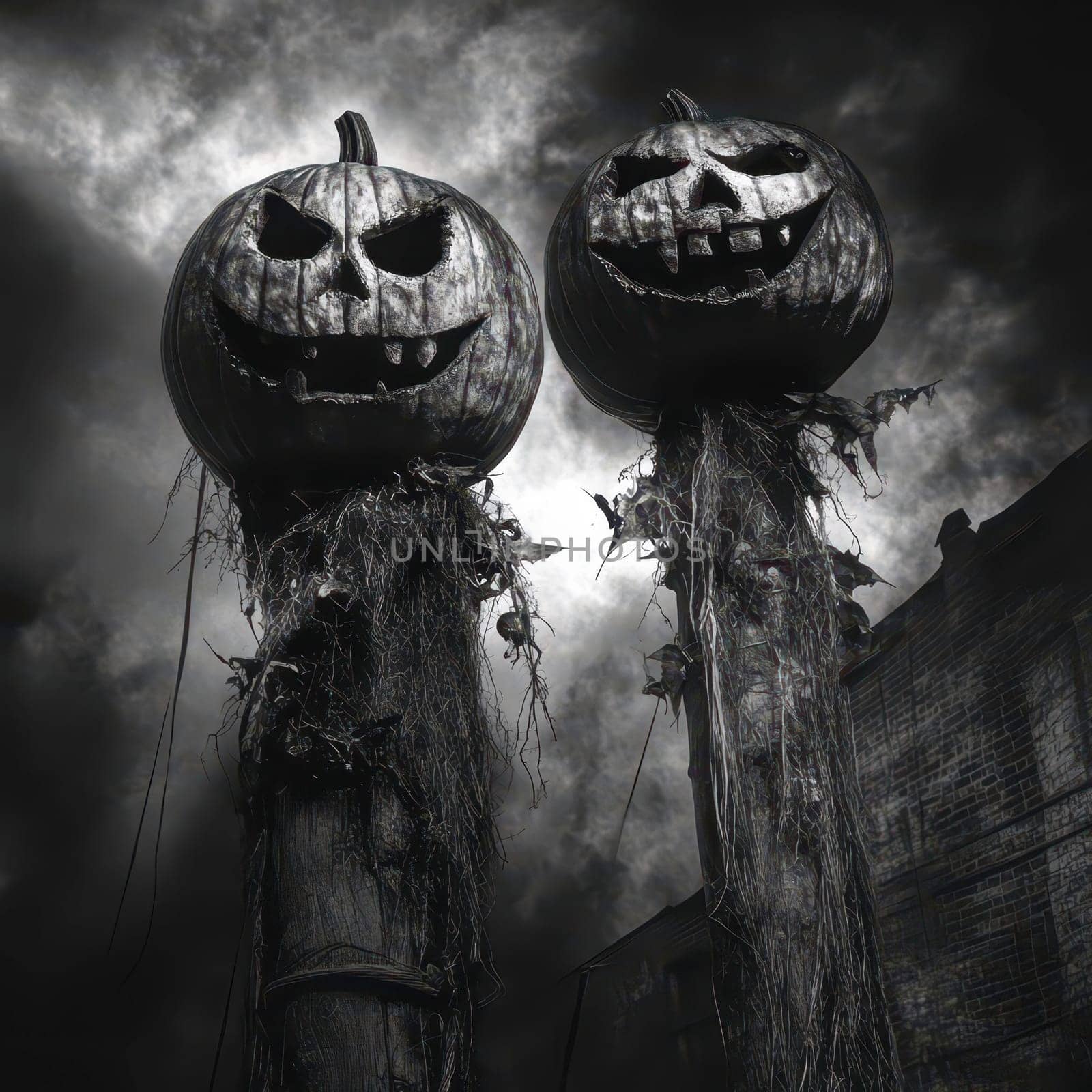 Two menacing jack-o-lanterns stand tall on wooden poles, their eerie grins illuminated by a ghostly glow. Dark clouds swirl ominously in the background, adding to the chilling atmosphere.