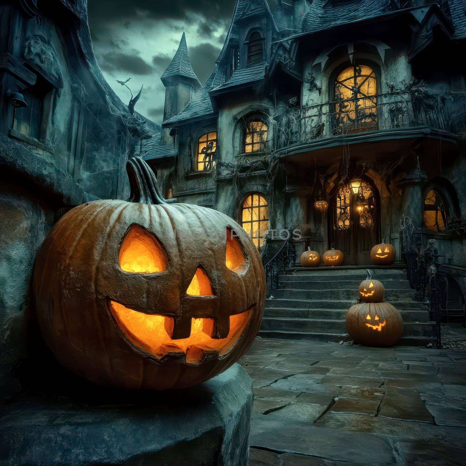 Under a gloomy sky, a mysterious mansion looms adorned with flickering lights. Carved pumpkins illuminate the front steps, casting an eerie glow that beckons visitors to explore.