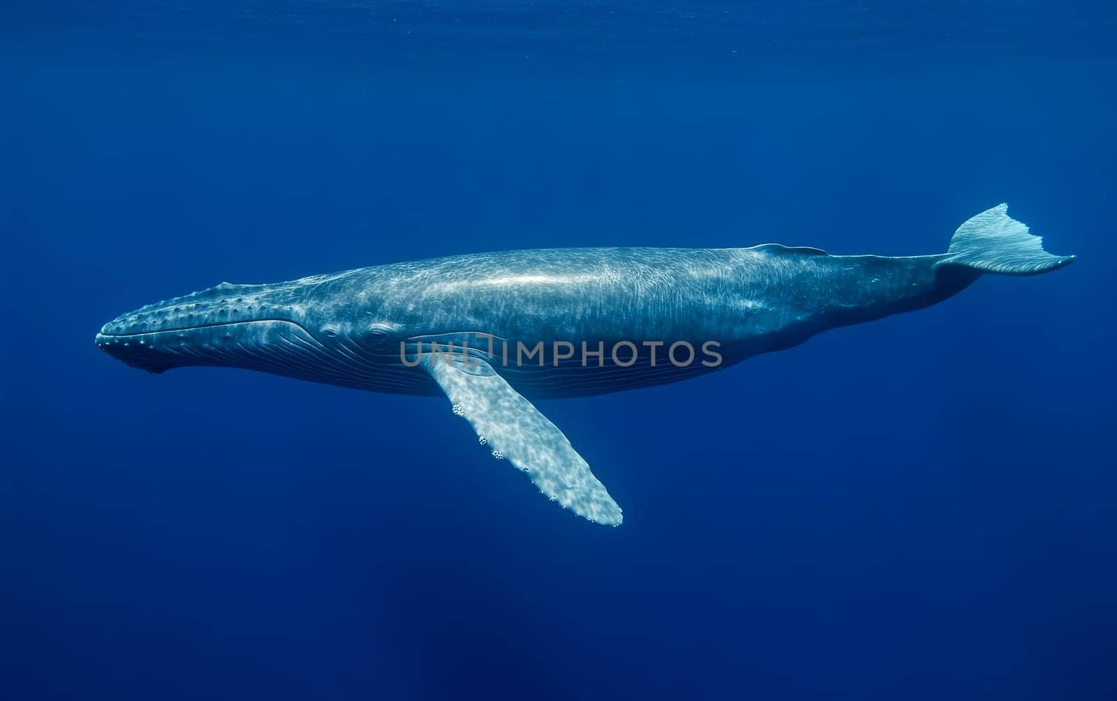 A massive blue whale glides gracefully through deep blue ocean waters, its long streamlined body and distinctive features clearly visible in the crystal-clear sea.