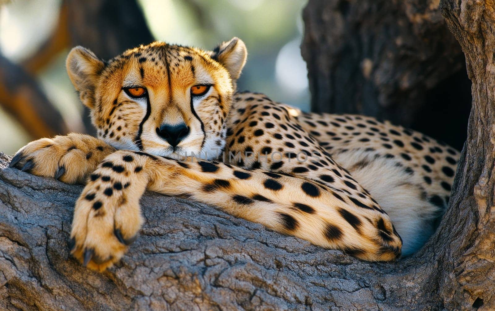 A majestic cheetah lounges on a tree branch, its spotted coat gleaming in the sunlight as it surveys its surroundings with alert amber eyes.