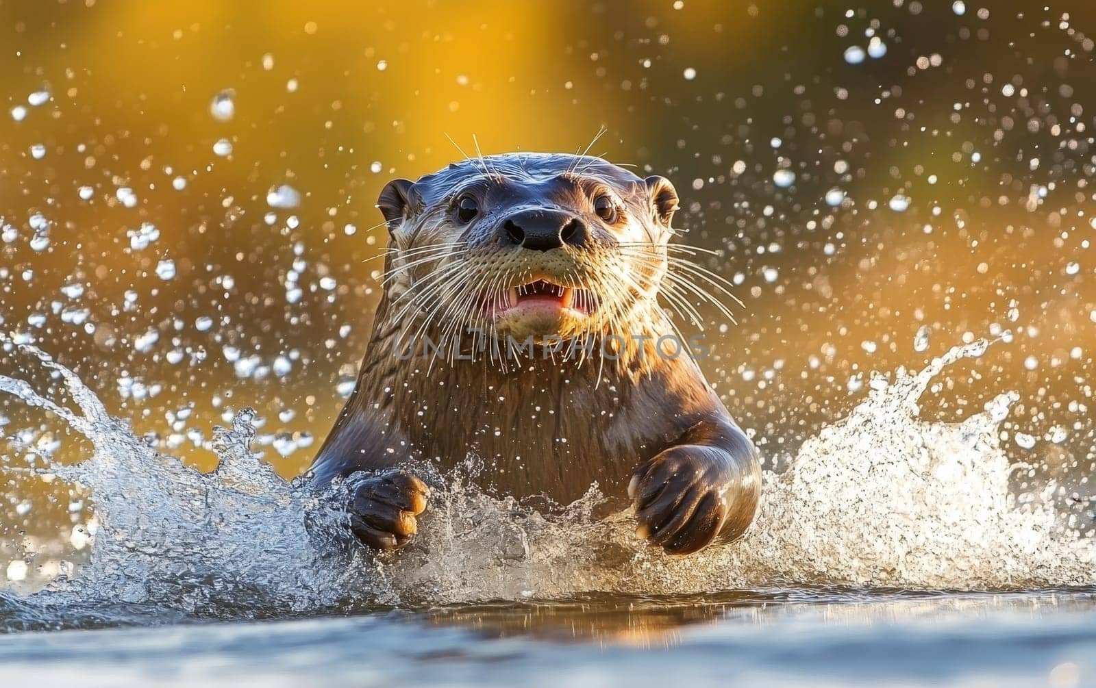 An energetic otter emerges from water, creating a spray of droplets illuminated by golden sunlight, showcasing the joyful and lively nature of these aquatic mammals.