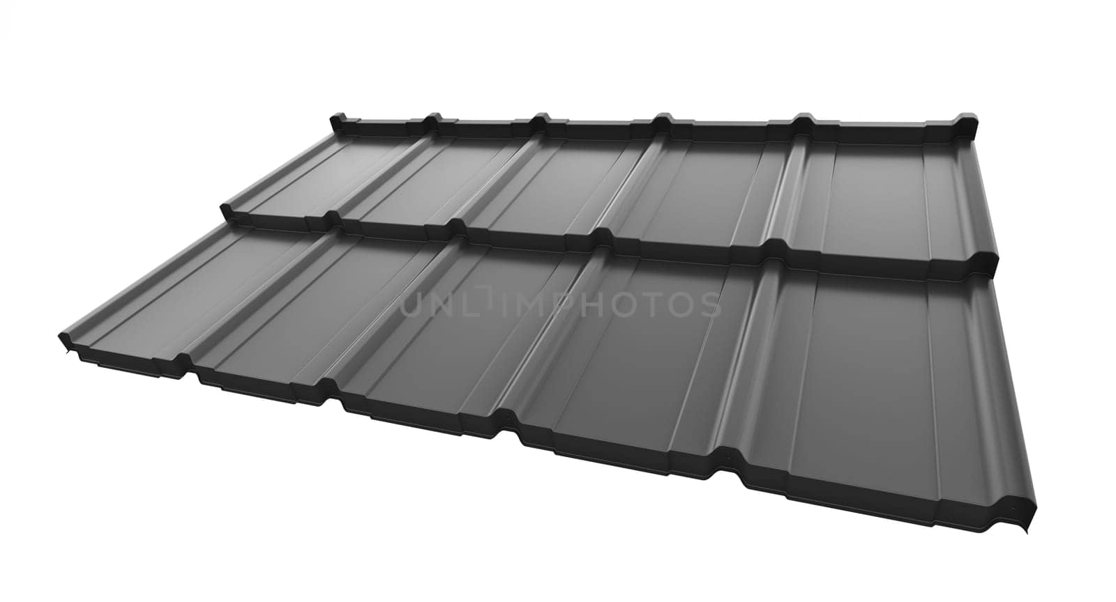 Modular tile effect roof panel. Lightweight galvanised steel roofing sheet isolated on white background. Traditional metal shingle tiles. Popular profiled metallic pantile mimic clay or concrete slate