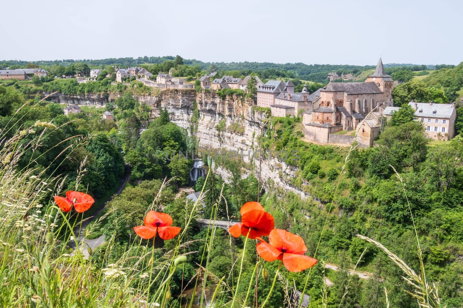 The Trou de Bozouls framed with poppies in Aveyron, Occitanie, France