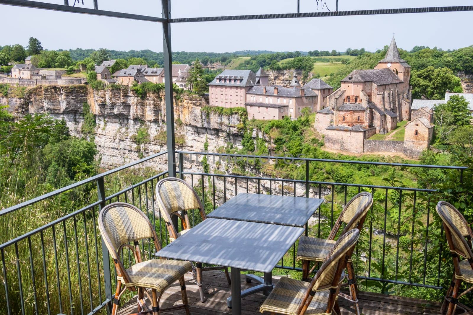 The Trou de Bozouls seen from the terrace of a restaurant in Aveyron, Occitanie, France