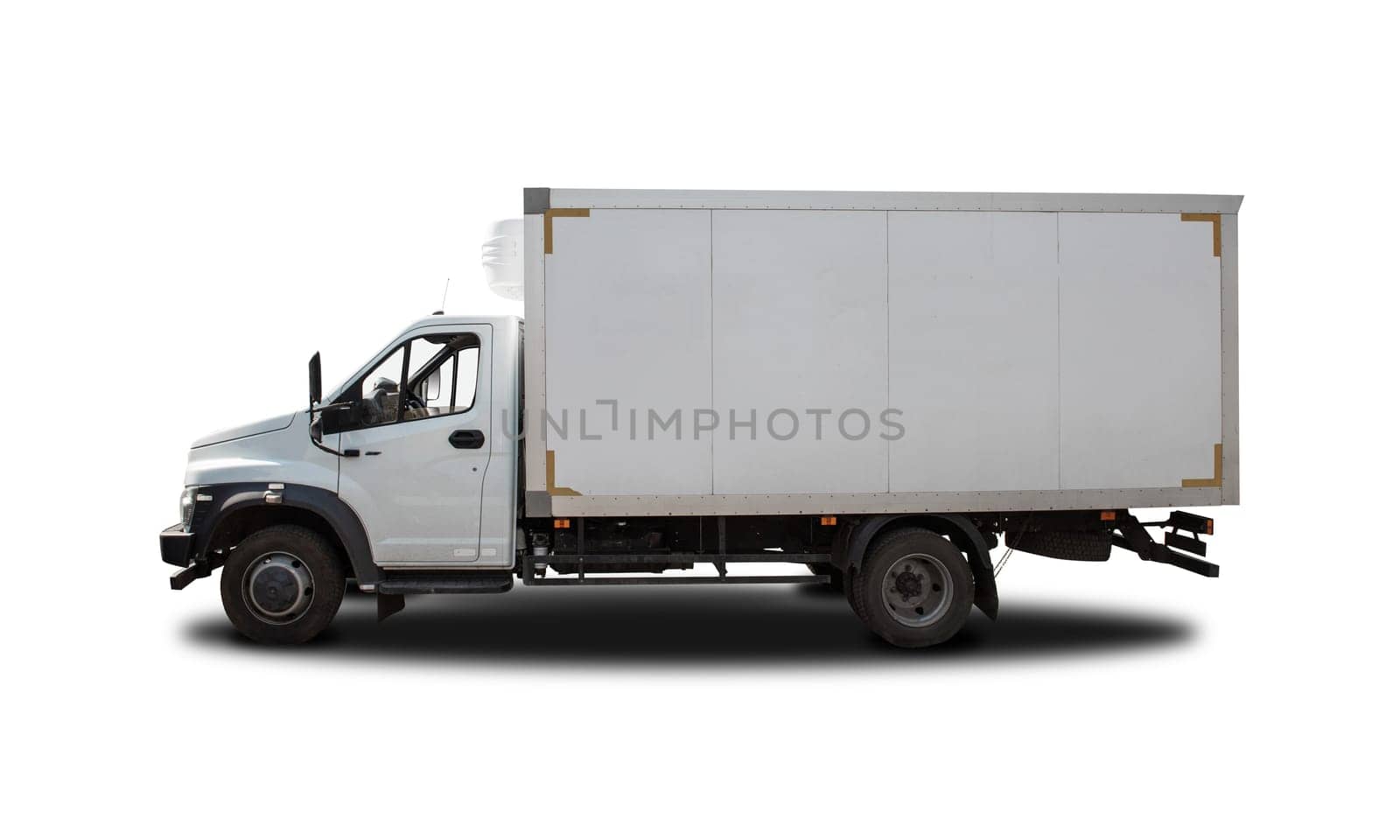 White refrigerated truck side view isolated on white