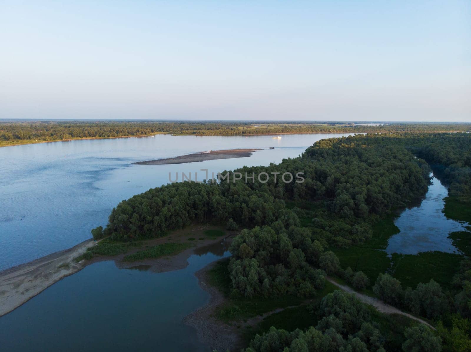 Aerial view of big siberian Ob river in beauty summer day, drone shot