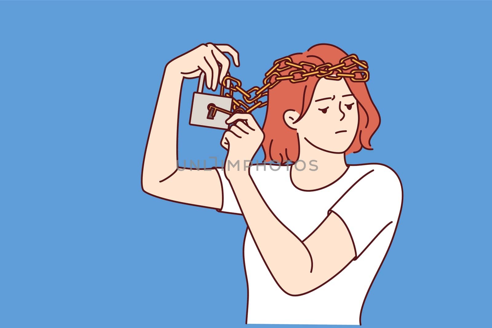 Woman with mental disorder and chain on head is trying to free herself from mental shackles. Girl psychological problems are caused by poor self-esteem and bullying or discrimination from others