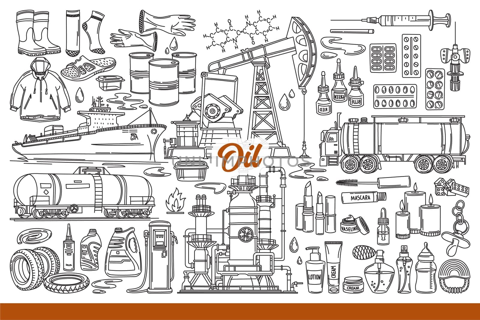 Oil industry extracts petroleum and produces gasoline or plastic goods. Ship and oil rig near medicines and cosmetics or syringes created from by-products of fuel industry. Hand drawn.