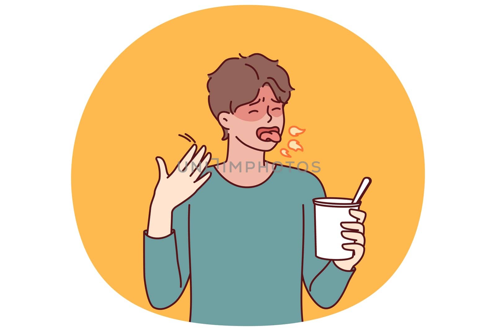 Man tried spicy takeaway from chinese restaurant and is coughing from overabundance of chili peppers in noodles. Flushed guy with fire near mouth after eating spicy food with jalapeno peppers