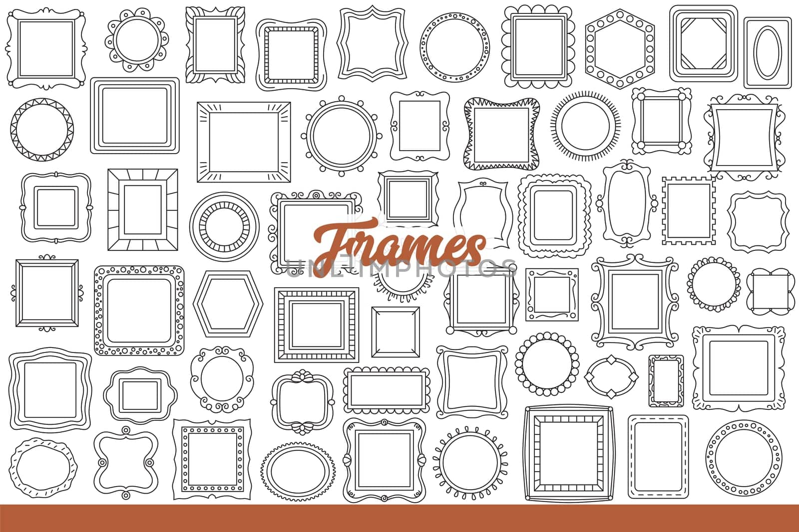 Frames for paintings and photographs decorating wall in art gallery or museum. Beautiful wooden frames for paintings or mirrors for interior design of apartment in baroque style. Hand drawn.