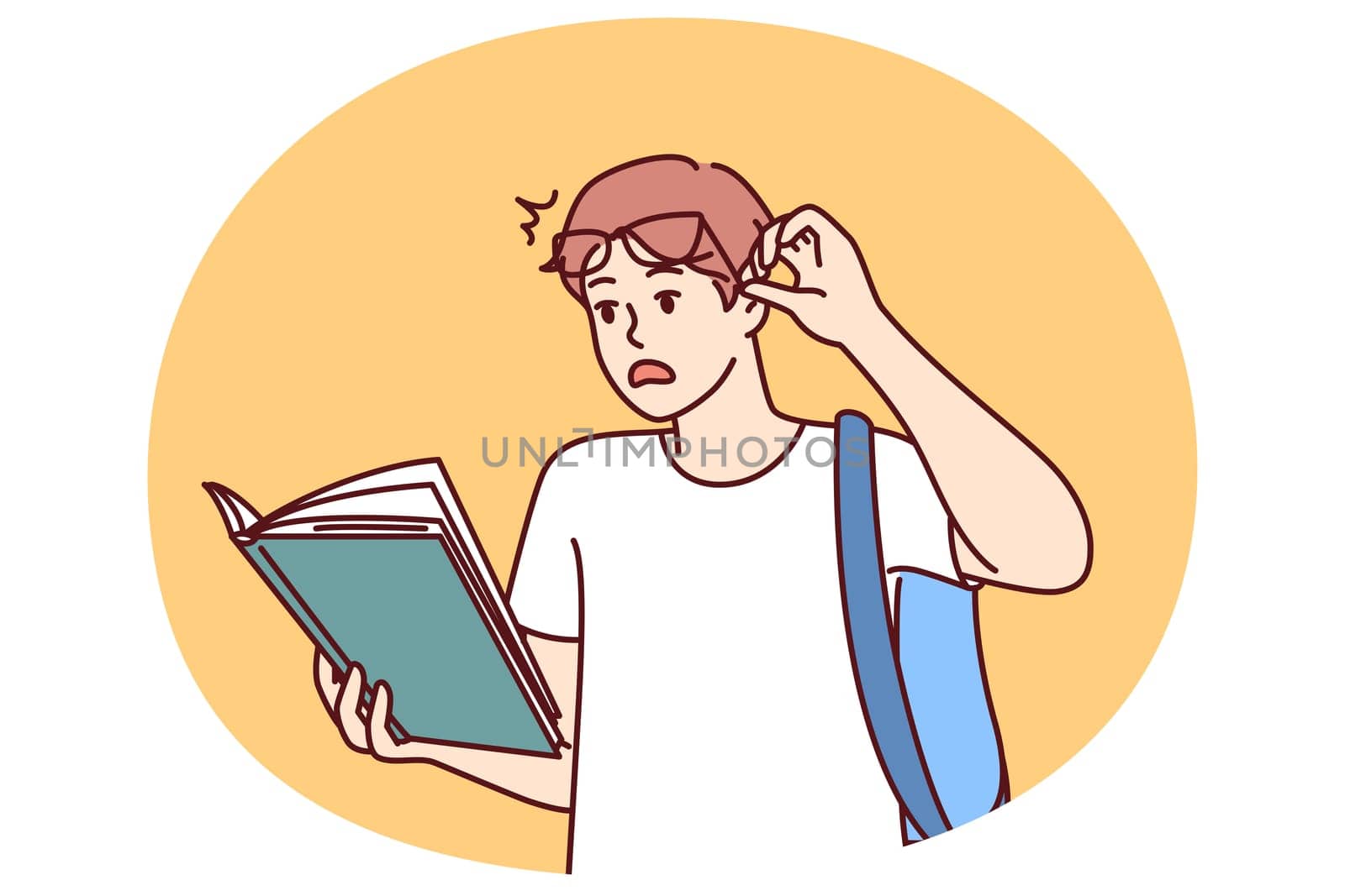 Shocked guy student with book reads amazing smart facts in textbook which causes wow effect. Young man lifts glasses from eyes after reading shocking information in book given by college teacher