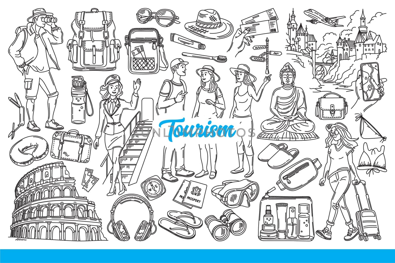 People engage in tourism, travel by plane and train to cities and places of interest. Development cultural tourism and excursions for men and women studying culture of different countries. Hand drawn.