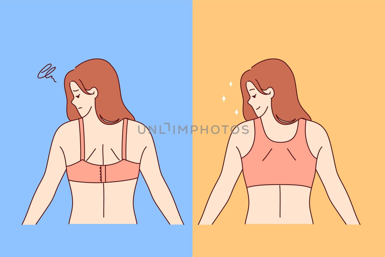 Woman wearing different types of bras compares comfort of underwear, which has positive or negative effect on posture. Girl tries on bras or top, trying to choose right clothes for own look.