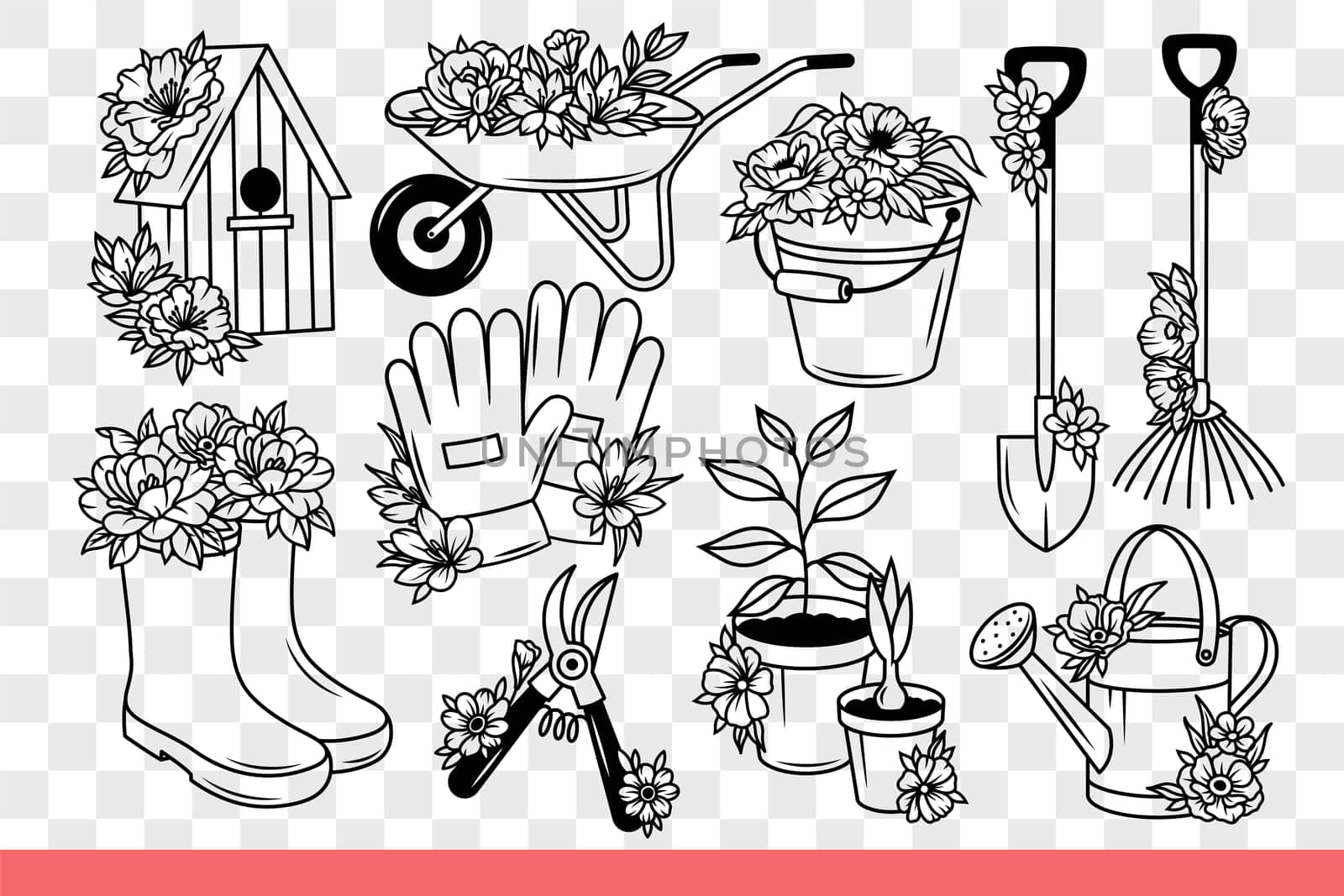 Set for gardener growing plants and caring for flower bed in backyard. Flowers near birdhouse and boots for gardener or planter with bucket and rake for working in greenhouse. Hand drawn.