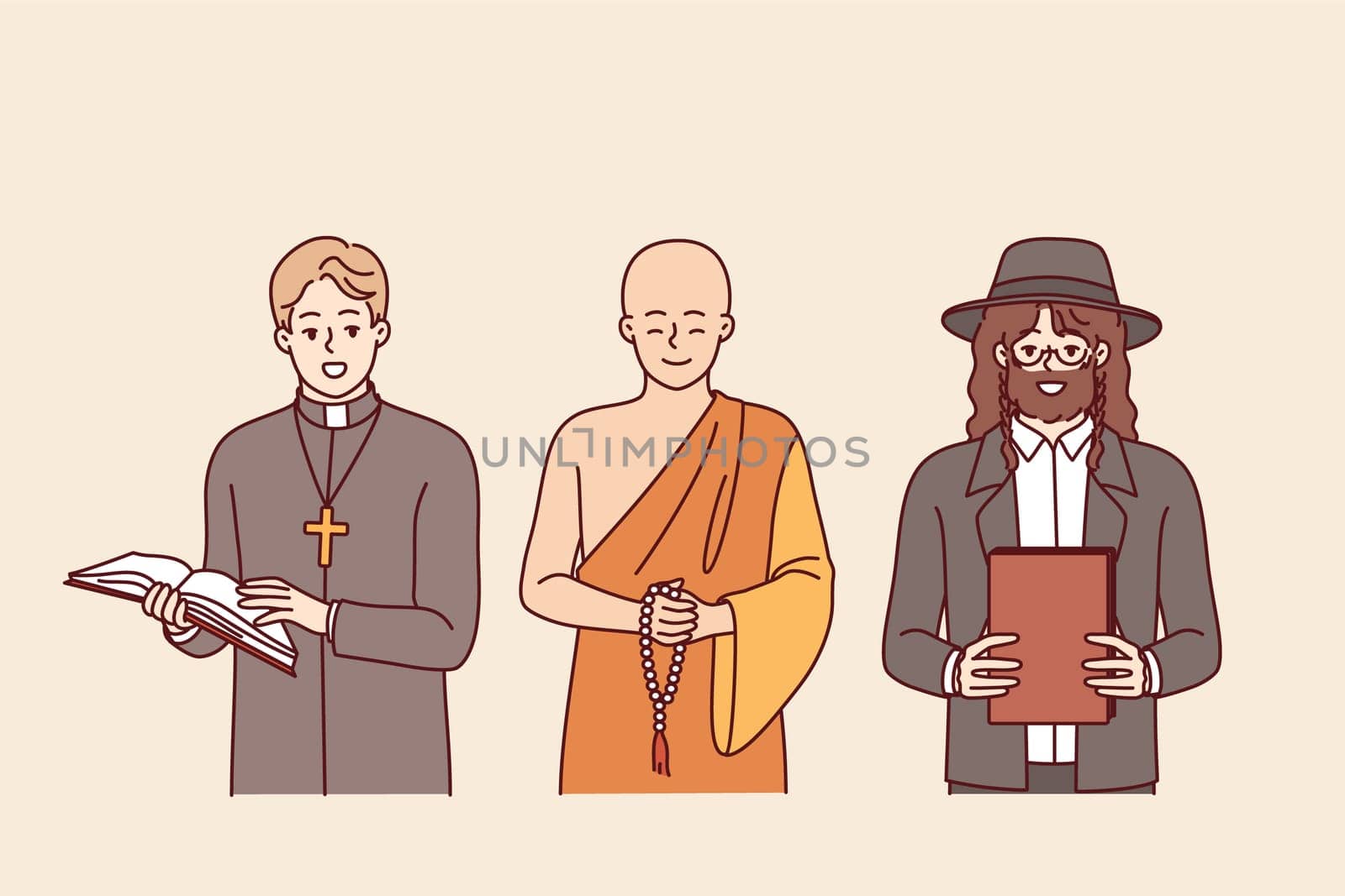 Spiritual leaders from different religious movements, dressed as catholic and buddhist or jewish. Several spiritual leaders demonstrate unity and readiness for joint interreligious activities