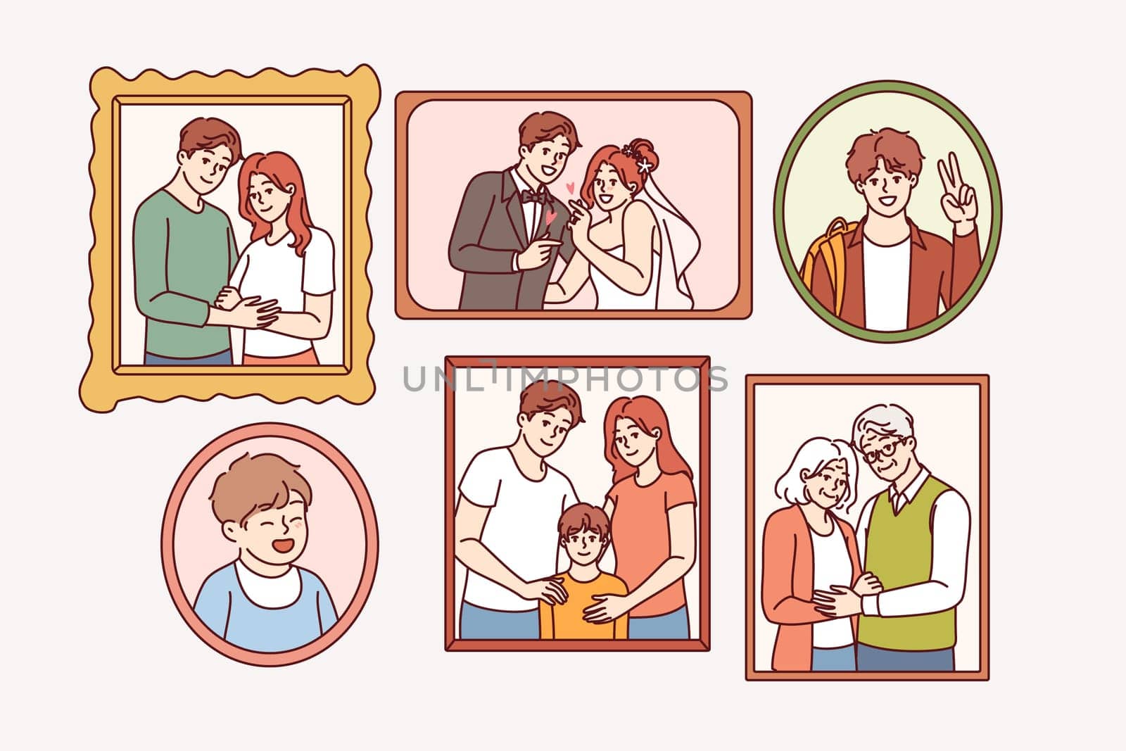 Family portraits hang on wall, decorating interior of apartment with photographs of people from different generations. Portraits of young couple at wedding ceremony or grandparents and little grandson