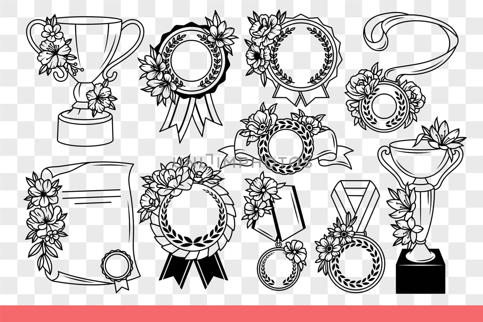 Awards and prizes for winner of first place in competitions or olympiads. Gold awards or silver cups and medals or diploma as reward for excellent studies at university. Hand drawn.