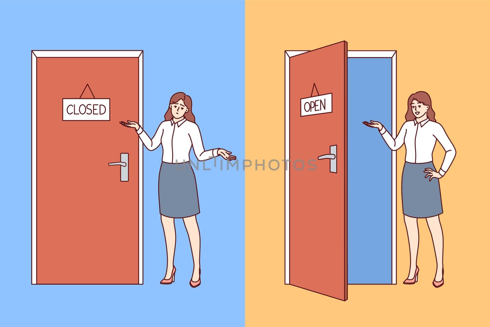 Business woman near office door in open and closed state, for concept of having place in labor market. Businesswoman invites to visit office and get best job offer, learned about good qualifications