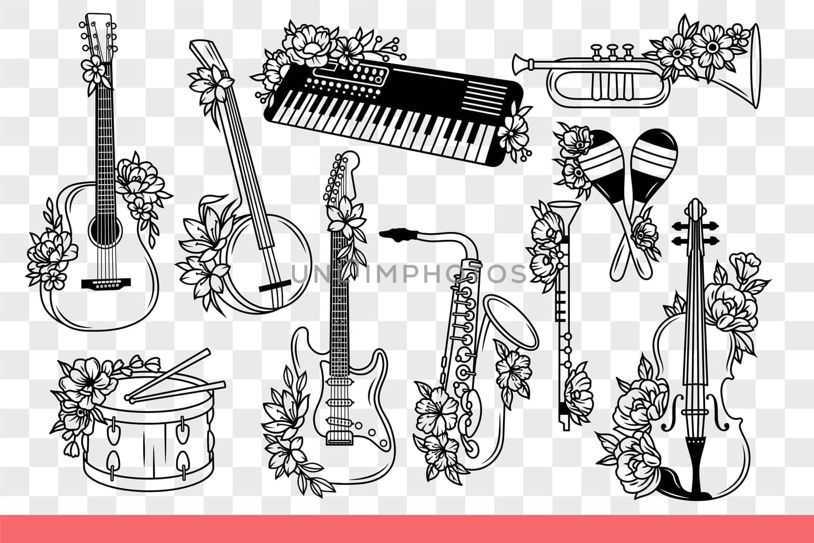 Musical instruments for youth group or orchestra accompanying singer. Guitar and synthesizer or violin and drum near wind musical instruments for performing symphonic compositions. Hand drawn.