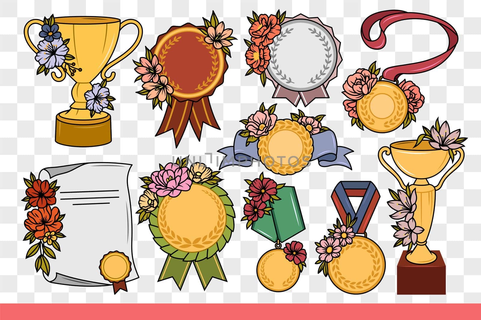 Cups and medals or gift certificate to reward best employees of month. Gold and silver items to reward for valiant service in corporation and excellent professional skills. Hand drawn.