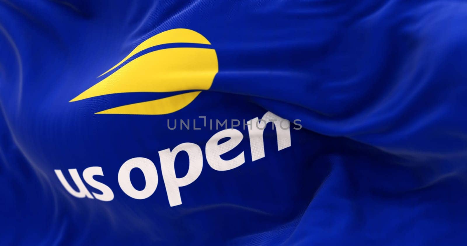 New York, US, Sept 2 2024: Close-up of US Open flag waving. Major tennis tournament held annually in New York. Grand Slam event. Illustrative editorial 3d illustration render