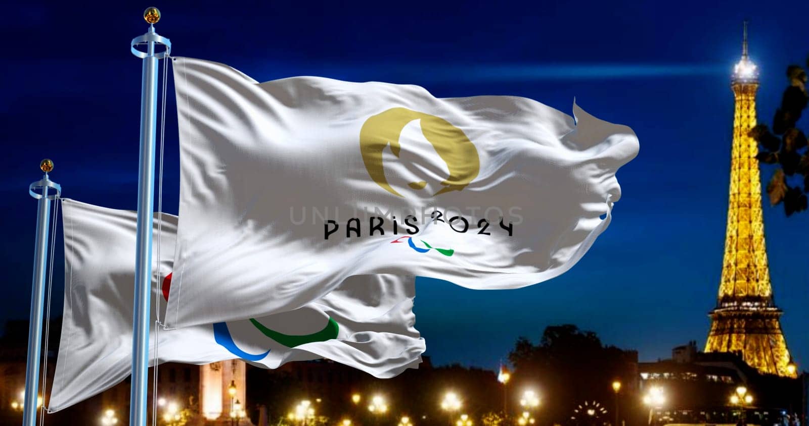 Paris, FR, Sept 1st 2024: Paris 2024 and the Paralympics flags waving in the wind with blurred night Paris skyline in the background at night. 3d render illustration. Illustrative editorial