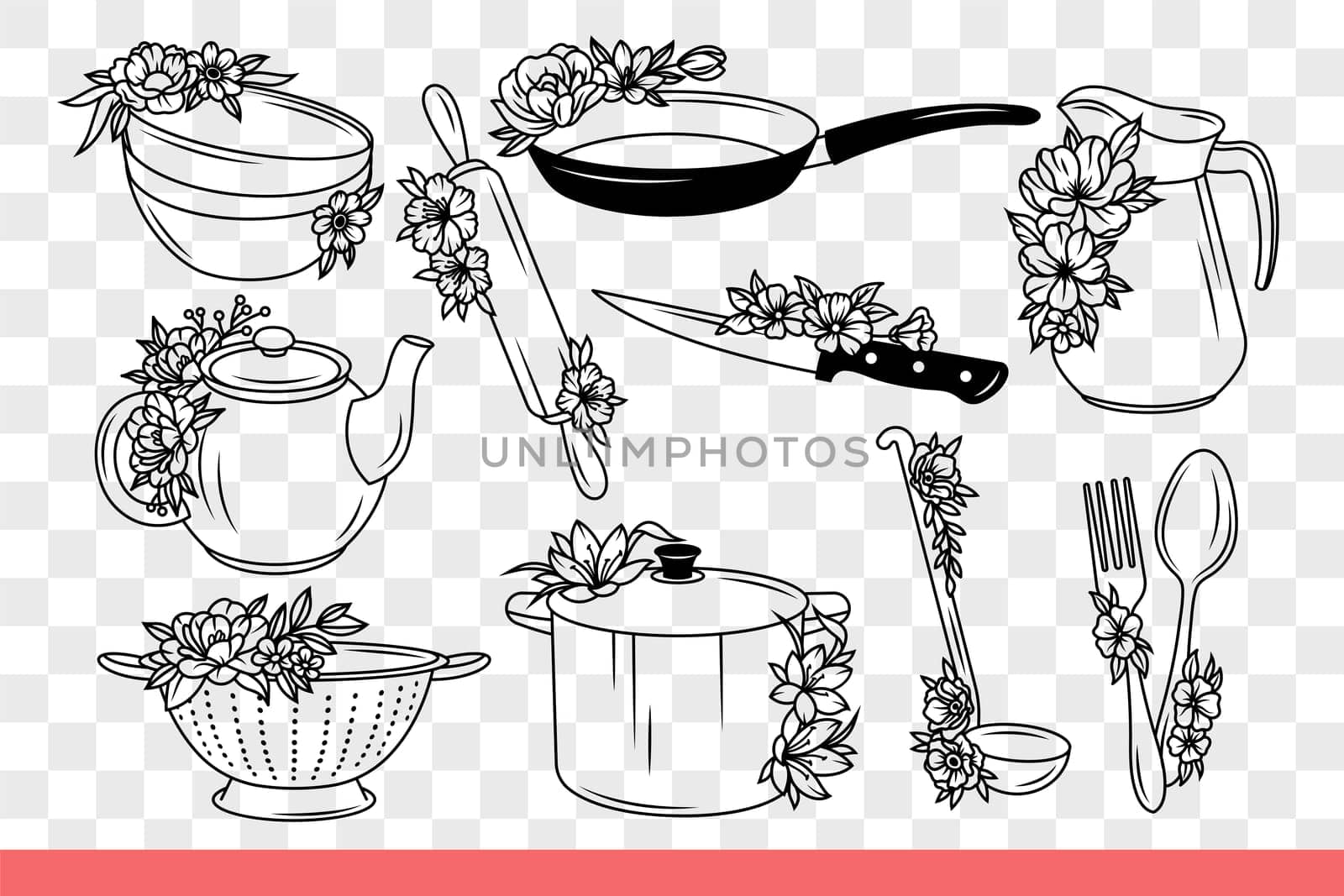 Kitchen utensils for housewives and professional chefs preparing culinary masterpieces. Kitchen utensils with flowers and frying pan with sharp knife near saucepan or jug. Hand drawn.